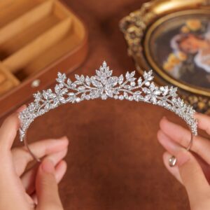 Luxury Copper Cubic Zirconia Bridal Tiara Flower Wedding Crown Sparkling Pageant Crowns Silver Plated Hair Accessories for Women