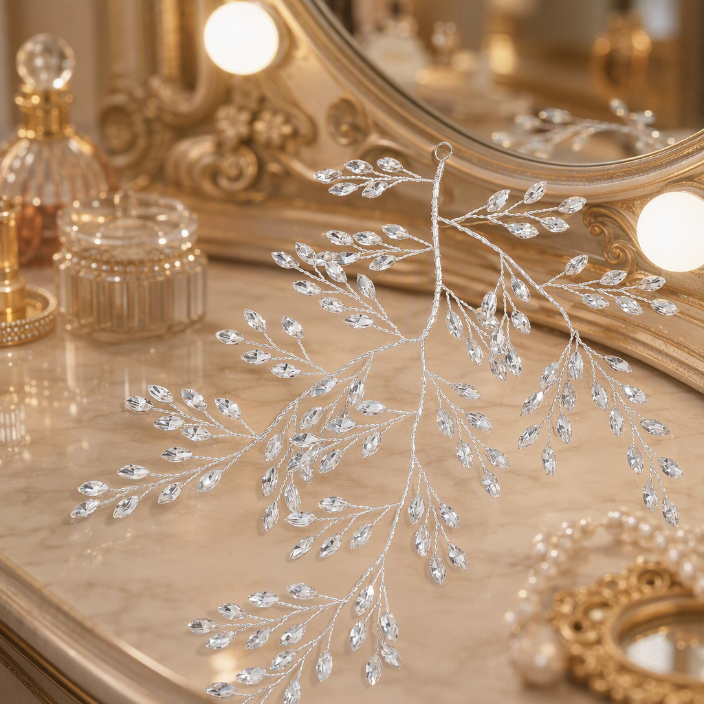 Elegant Crystal Leaf Hair Piece, Sparkling Branch Bridal Headpiece - Image 3