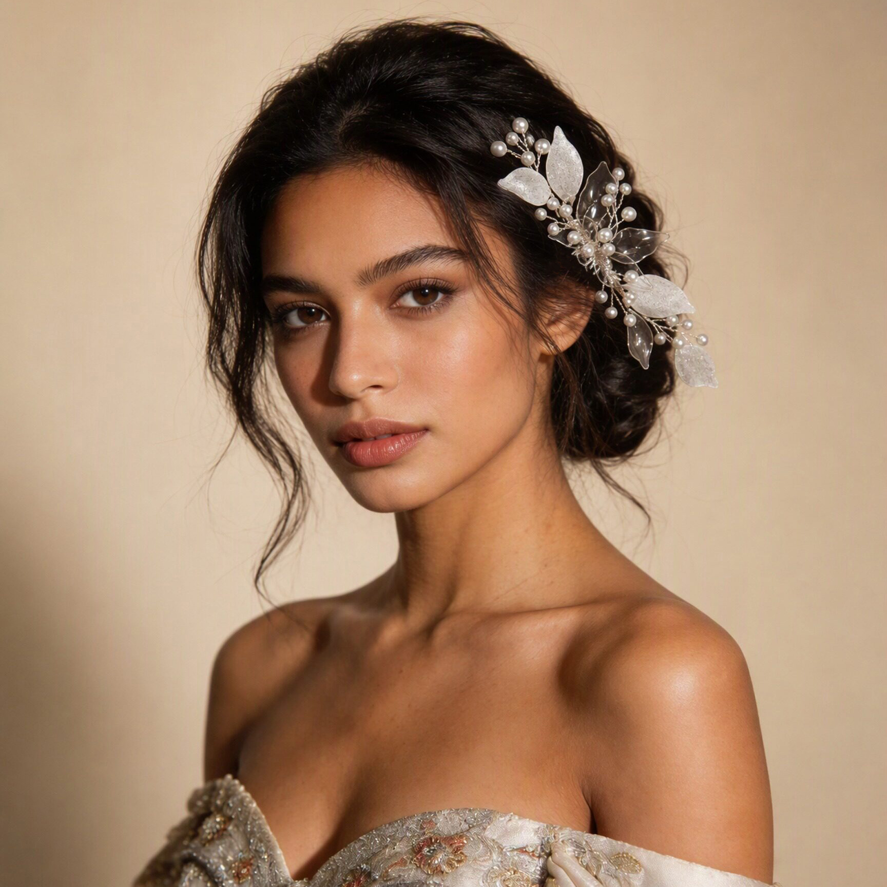 Elegant Floral Leaf Hair Comb, Sparkling Pearl Butterfly Bridal Headpiece - Image 2