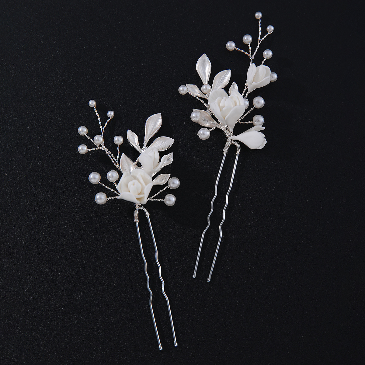 Bridal Floral U Hairpins, Handcrafted Flower and Pearl Wedding Hair Pins - Image 3