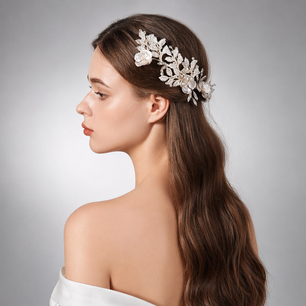 Elegant Metal Flower Hair Band, Rhinestone Leaf Bride Headpiece - Image 2