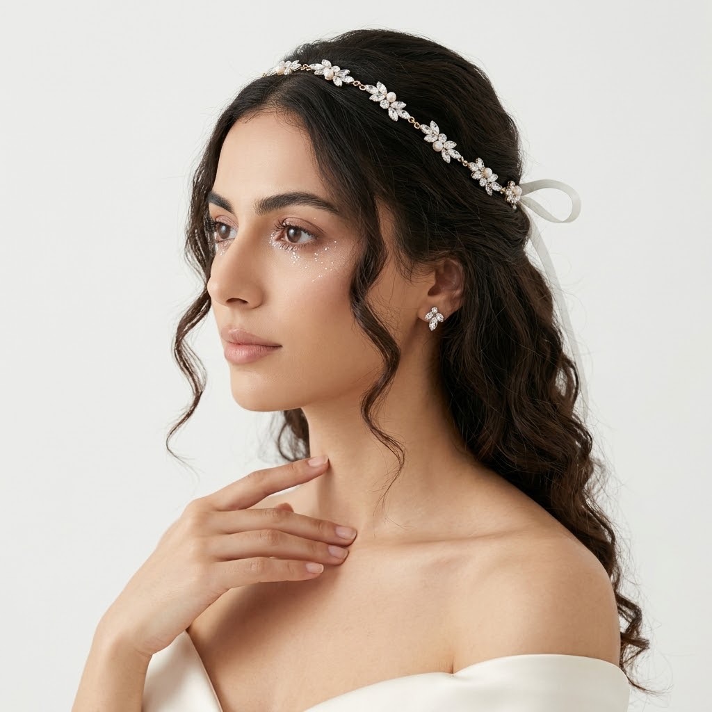 Bridal Pearl Crystal Hair Band, Marquise Rhinestone Flower Headpiece with White Ribbon - Image 2
