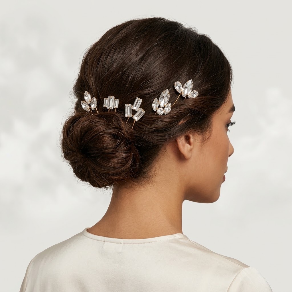 Modern Geometric Crystal Hair Pin Set, Rose Gold Tone Hair Accessories for Bride - Image 2