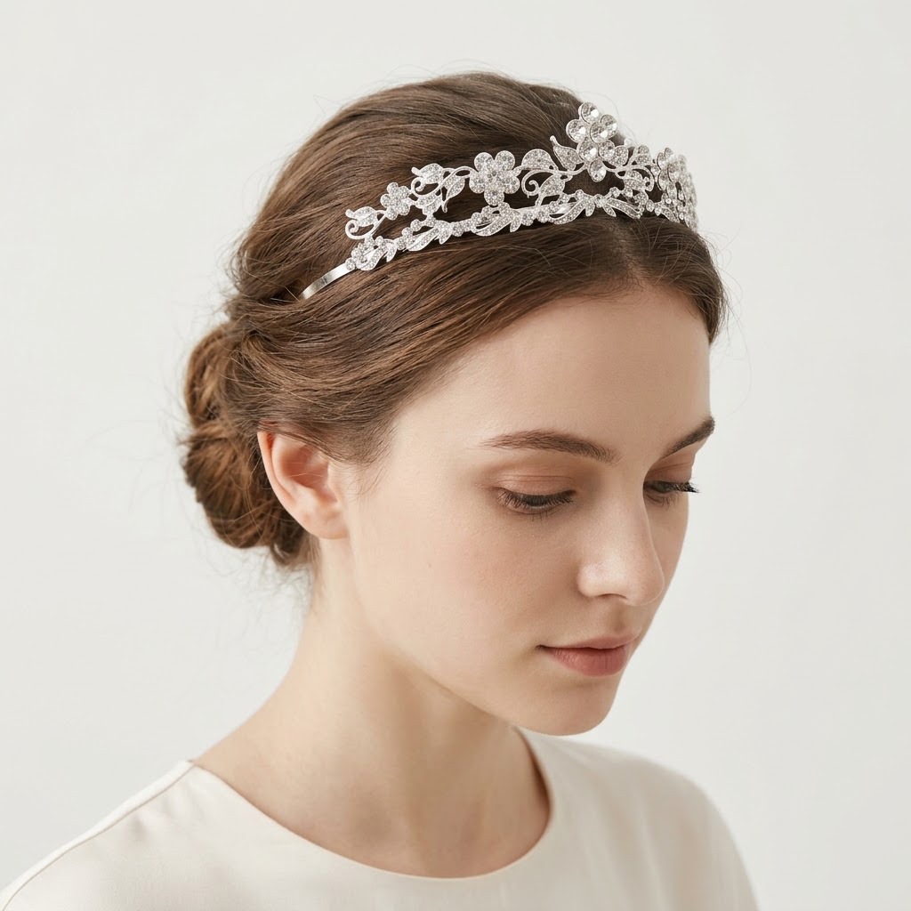 Bridal Flower Tiara, Delicate Leaf Vine Silver Metal Wedding Headband - Image 2