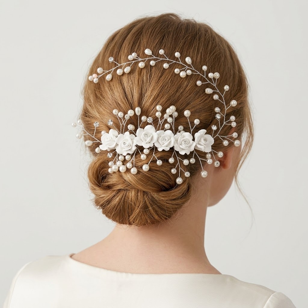 Bridal Flower Hair Comb, Handmade White Rose Pearl Crystal Silver Wedding Hair Accessory - Image 2