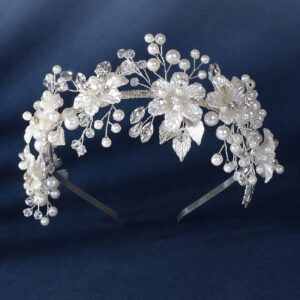 Romantic Flower Leaf Pearl Crystal Headband, Statement Wedding Hair Accessory for Bride