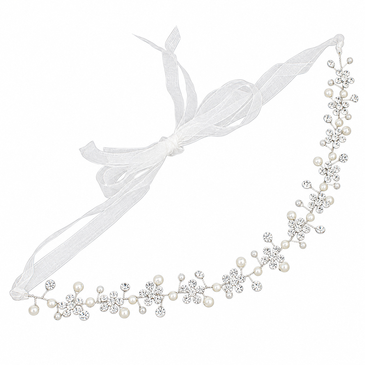 Romantic Pearl Rhinestone Hair Wrap, Thin Floral Bridal Headband for Wedding Hairstyle