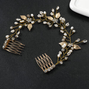 Golden Branch Rhinestone Pearl Hair Combs, Wedding Side Hair Accessory