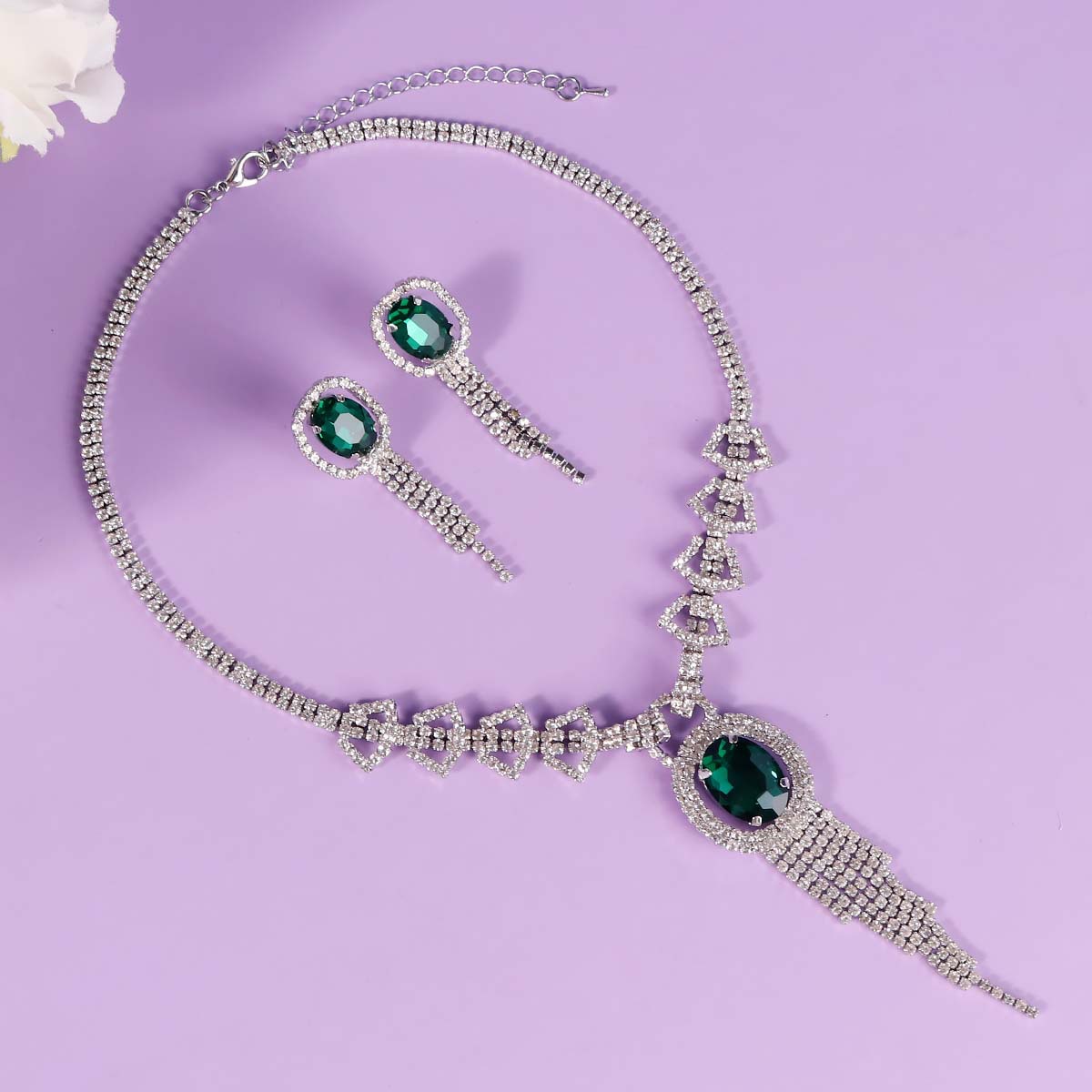 Large Green Stone Drop Necklace & Linear Earrings, Sparkly Evening Dress Jewelry Set - Image 3