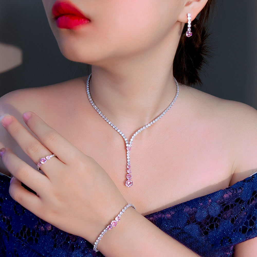 4pcs Glittering Cubic Zircon White Pink Necklace Earrings Bracelet and Ring Wedding Bridal Jewelry Set for Women Party Accessory - Image 2