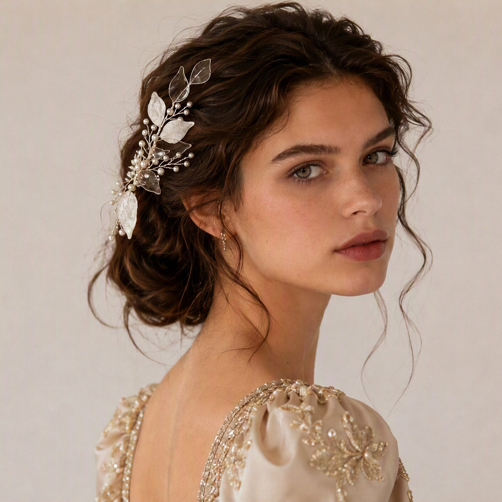 Elegant Floral Leaf Hair Comb, Sparkling Pearl Butterfly Bridal Headpiece - Image 3