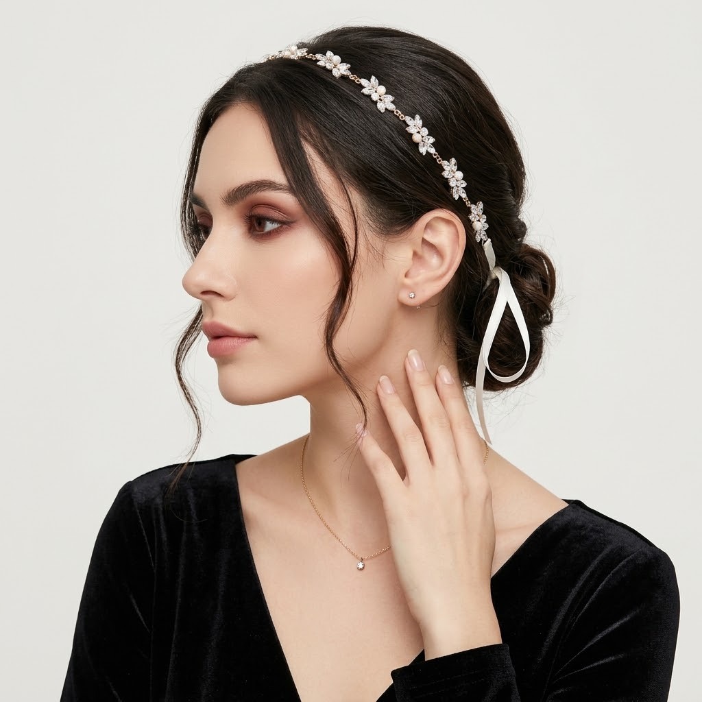 Bridal Pearl Crystal Hair Band, Marquise Rhinestone Flower Headpiece with White Ribbon - Image 3