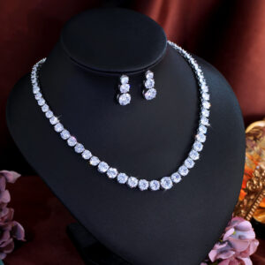 Super Glittering Round Cubic Zirconia Tennis Necklace and Earrings Jewelry Set for Women Wedding Bridal Party Engagement Banquet