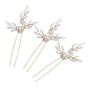 Bridal Pink Leaf Crystal Pearl U Pins, Hand Wired Rose Gold Wedding Updo Hairpins