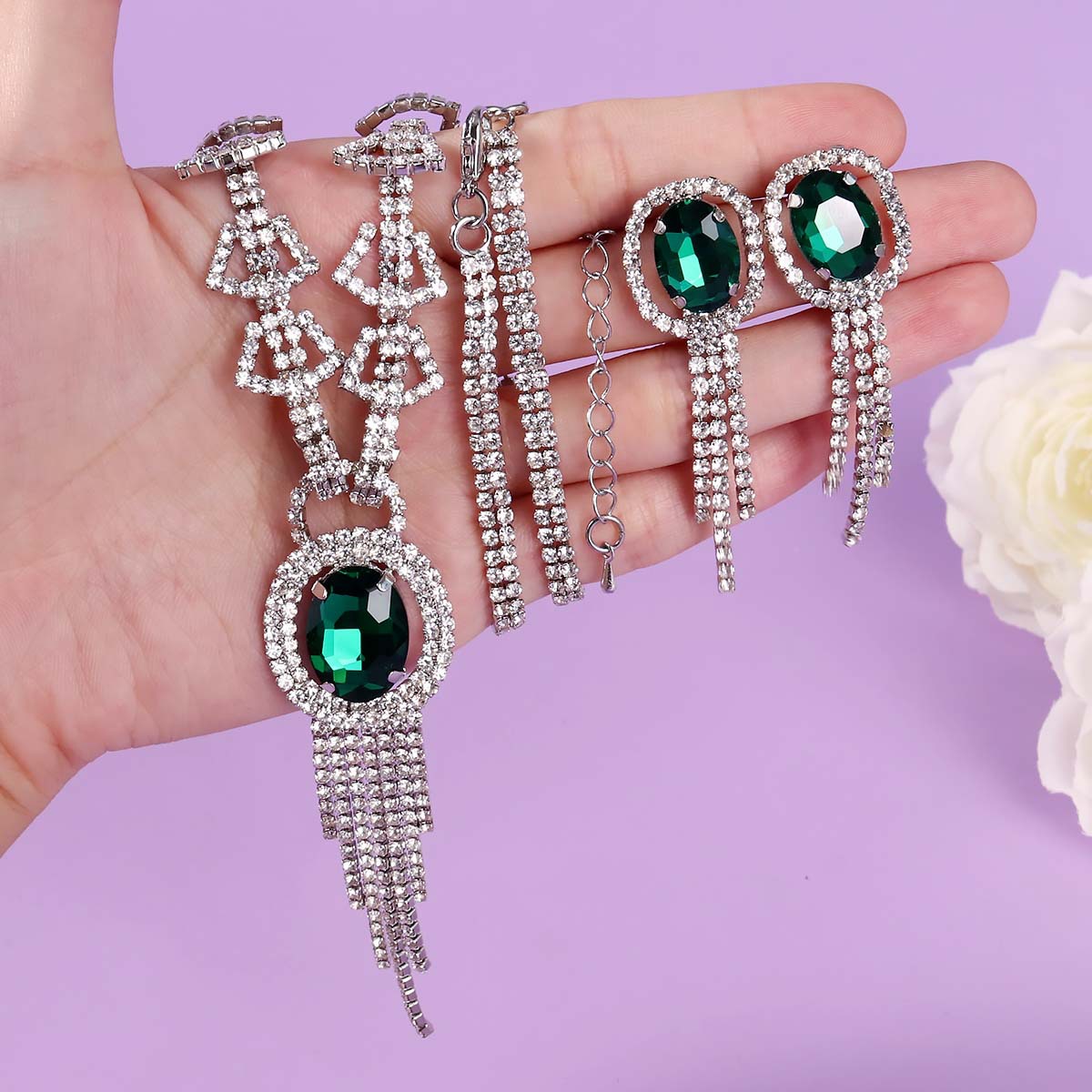 Large Green Stone Drop Necklace & Linear Earrings, Sparkly Evening Dress Jewelry Set - Image 4