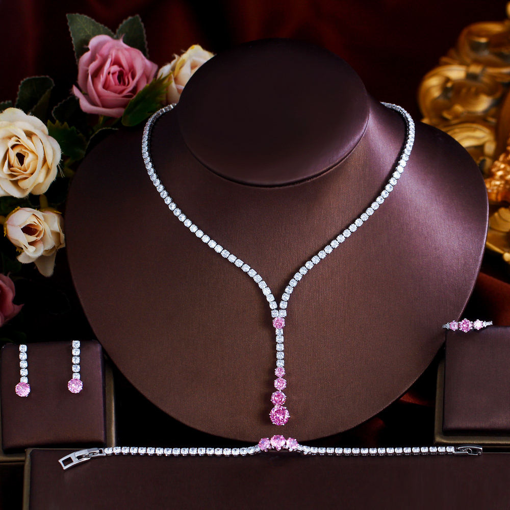 4pcs Glittering Cubic Zircon White Pink Necklace Earrings Bracelet and Ring Wedding Bridal Jewelry Set for Women Party Accessory - Image 3