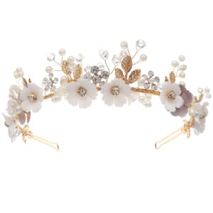 Romantic White Floral Crystal Tiara, Gold Tone Headpiece