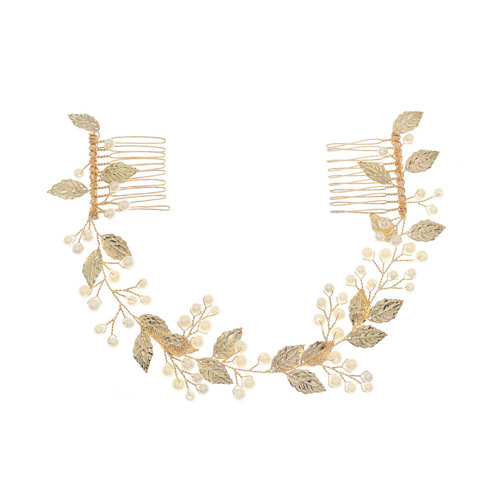 Elegant Metal Leaf Hair Garland, Pearl Cluster Hair Comb Set - Image 4