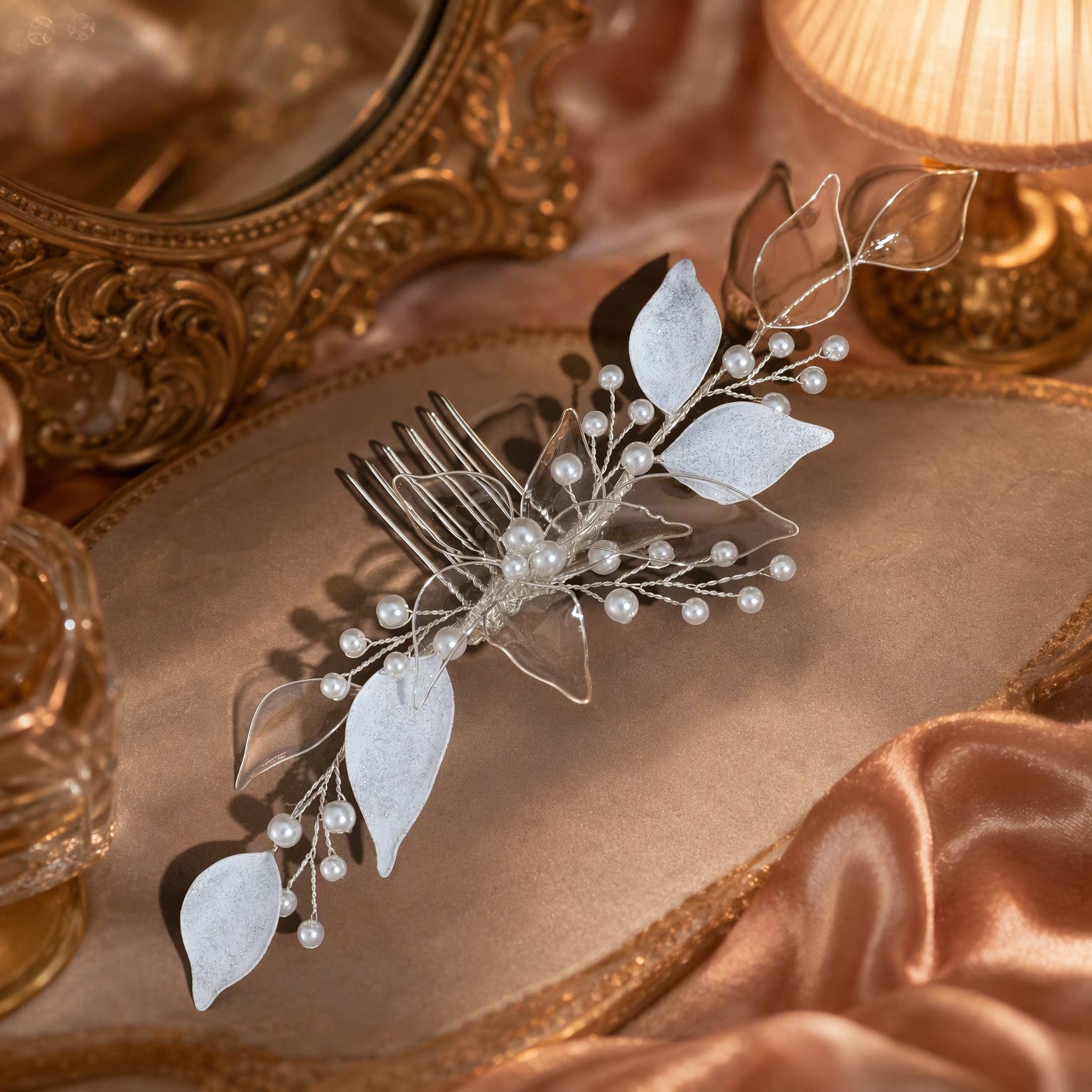 Elegant Floral Leaf Hair Comb, Sparkling Pearl Butterfly Bridal Headpiece - Image 4