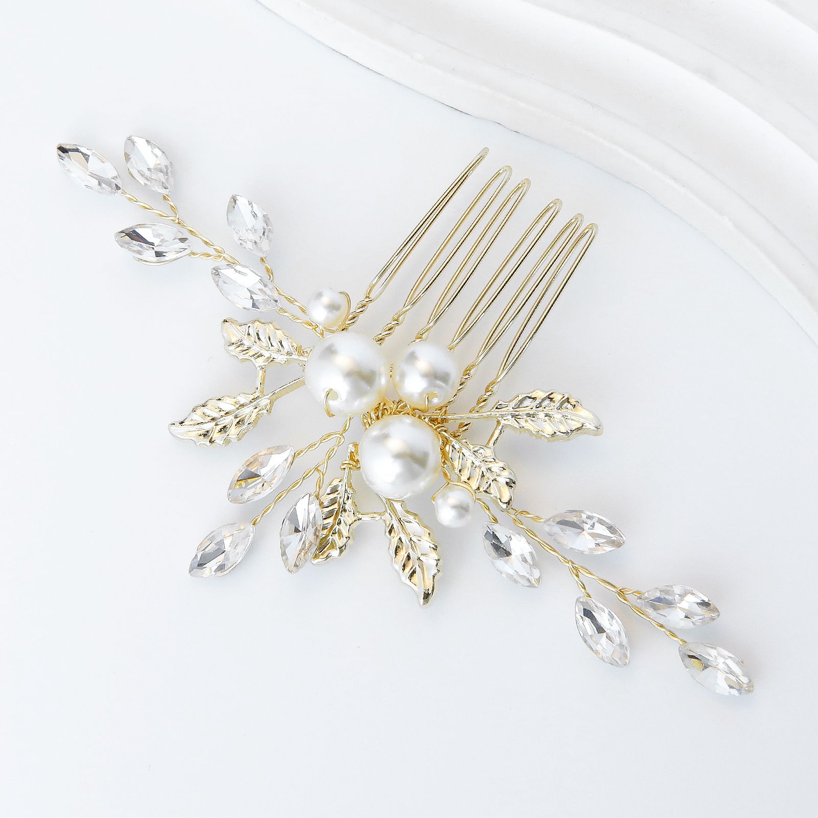 Elegant Crystal Leaf Hair Comb Set, Sparkling Pearl Bridal Headpiece - Image 4