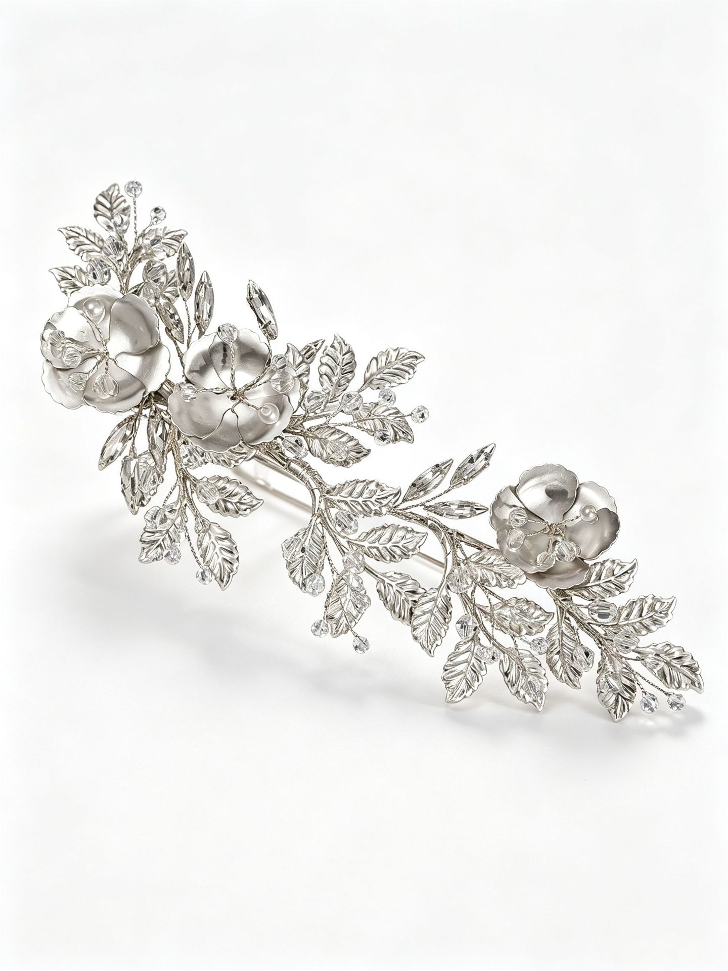 Elegant Metal Flower Hair Band, Rhinestone Leaf Bride Headpiece - Image 3