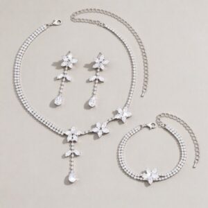 Bridal Flower Cubic Zirconia Jewelry Set, Y-Drop Necklace & Dangle Earring Bracelet