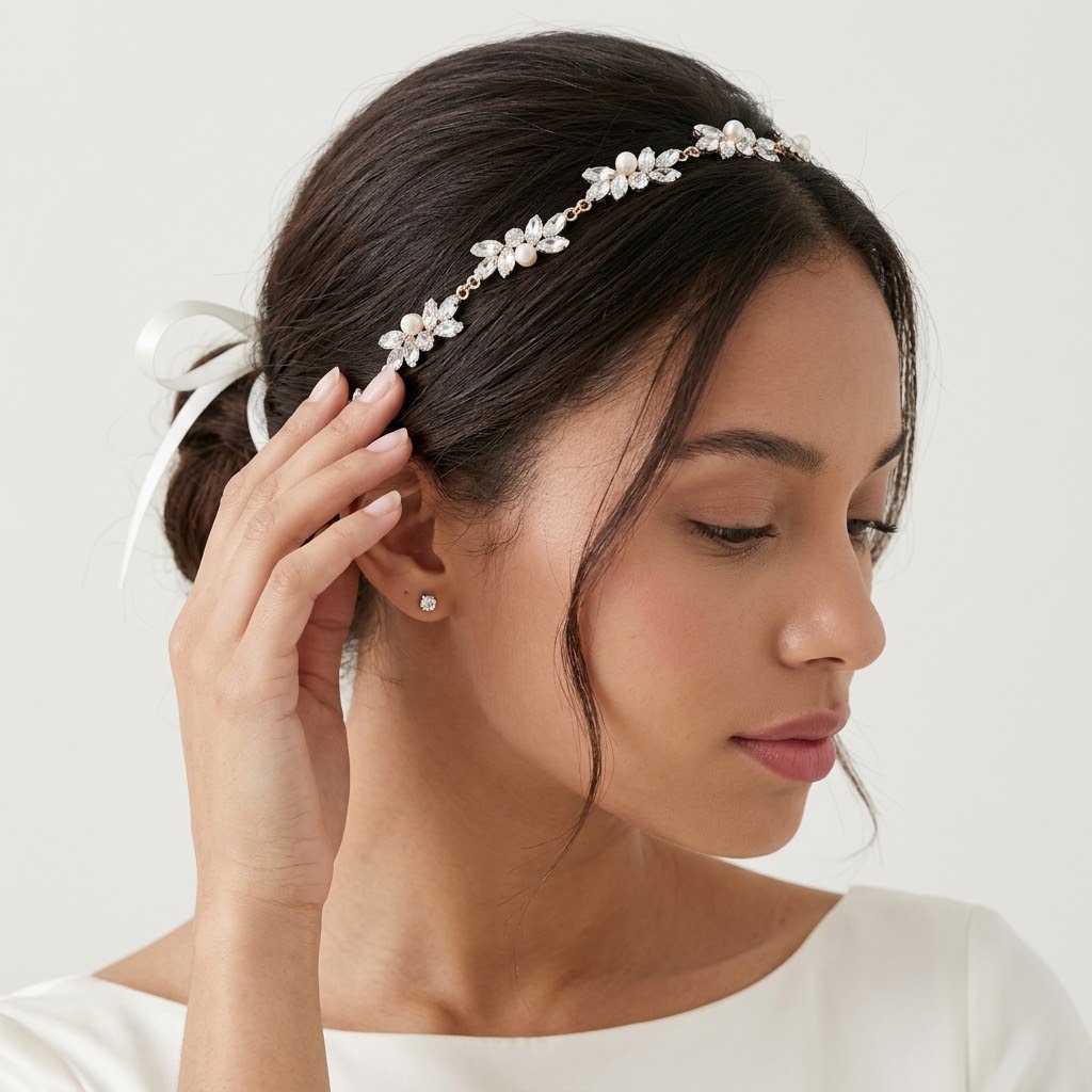 Bridal Pearl Crystal Hair Band, Marquise Rhinestone Flower Headpiece with White Ribbon - Image 4
