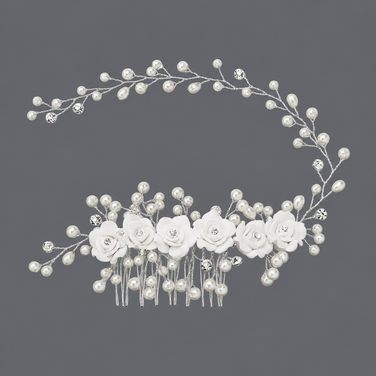 Bridal Flower Hair Comb, Handmade White Rose Pearl Crystal Silver Wedding Hair Accessory - Image 3