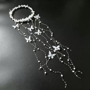 Romantic Sheer Butterfly Pearl Crown, Long Pearl Strand Bridal Hair Wreath