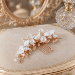 Vintage Gold Leaf White Flower Pearl Hair Comb, Bridesmaid Hair Accessory