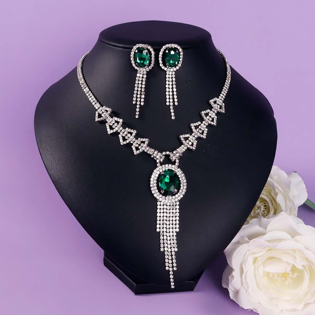 Large Green Stone Drop Necklace & Linear Earrings, Sparkly Evening Dress Jewelry Set