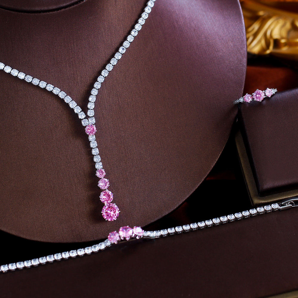 4pcs Glittering Cubic Zircon White Pink Necklace Earrings Bracelet and Ring Wedding Bridal Jewelry Set for Women Party Accessory - Image 4