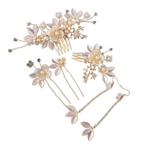 Wholesale Gold Leaf Flower Pearl Crystal Wedding Bridal Headpiece Earring Hair Pin Hair Combs Accessory Sets