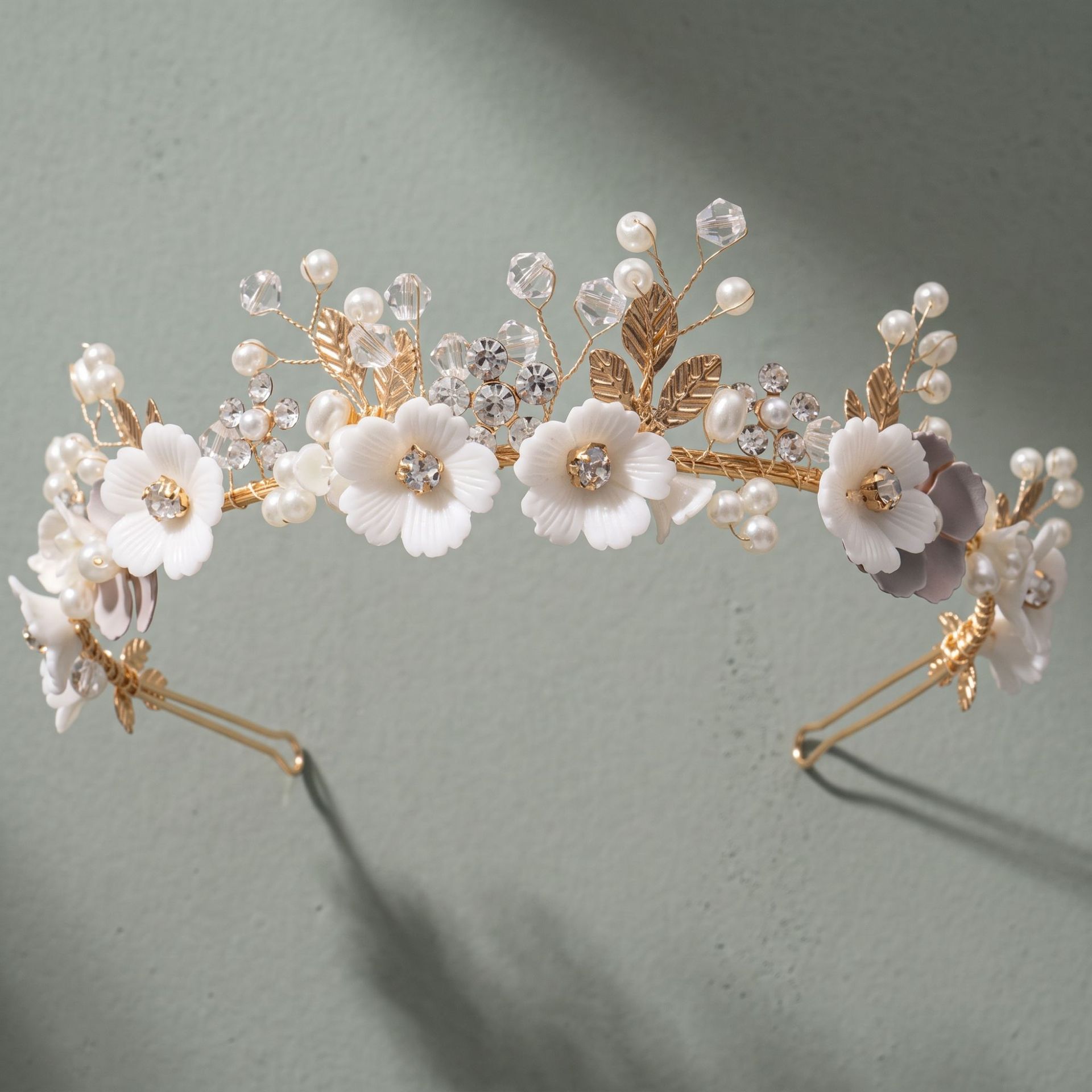 Romantic White Floral Crystal Tiara, Gold Tone Headpiece - Image 4