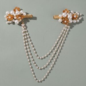 Elegant Floral Pearl Hair Clips, Draped Chain Bridal Headpiece