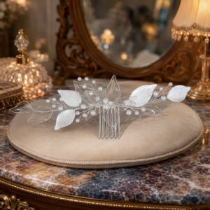 Elegant Floral Leaf Hair Comb, Sparkling Pearl Butterfly Bridal Headpiece