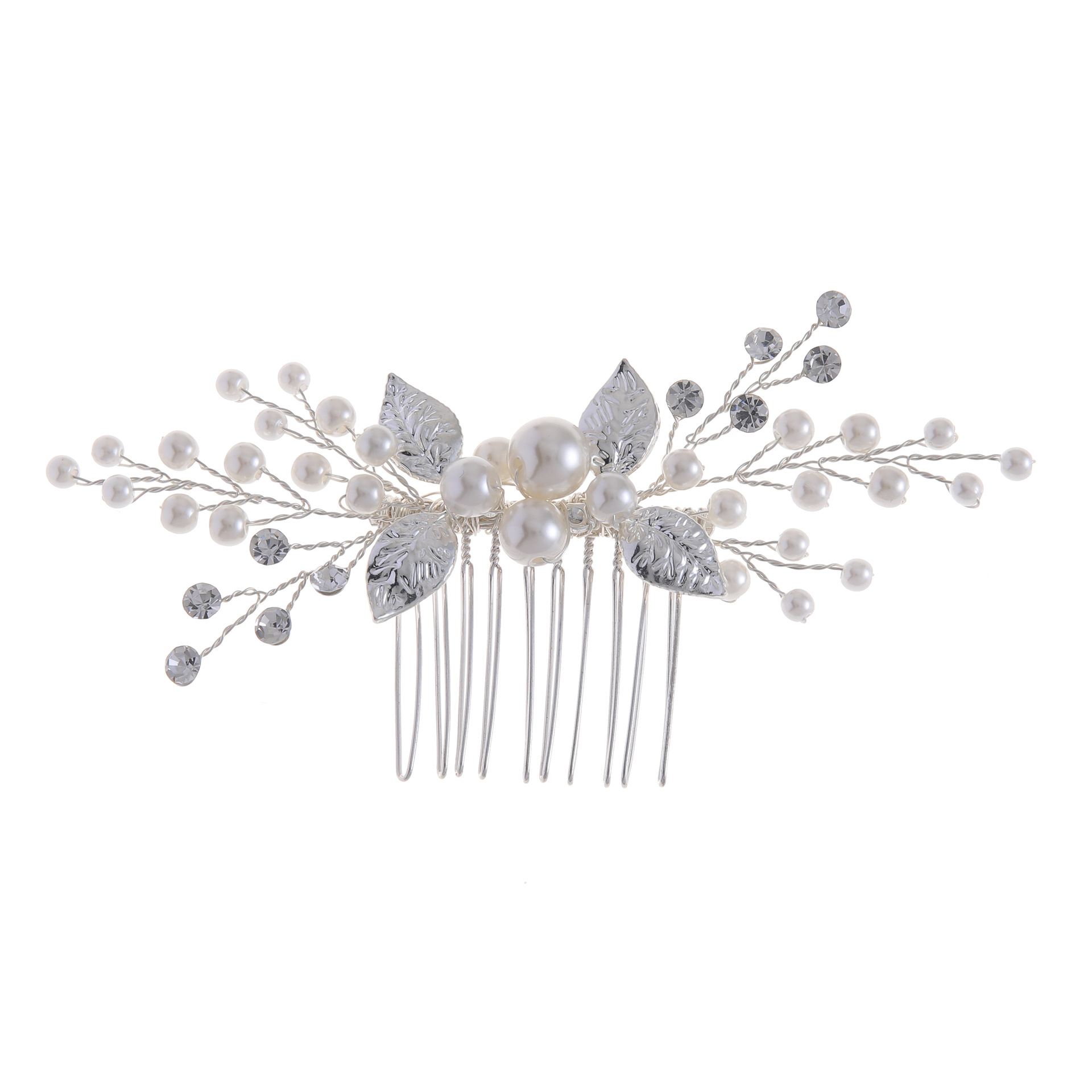 Elegant Pearl & Rhinestone Hair Comb, Leaf Bride Hair Jewelry