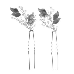 Elegant Rhinestone Leaf Hair Fork Set, Crystal Pearl Bride Headpiece