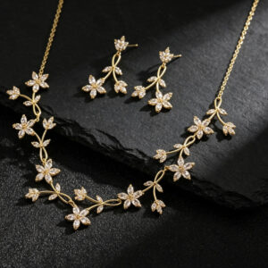 Elegant Flower Leaf Cubic Zirconia Jewelry Set, Wedding Accessory for Bride & Banquet
