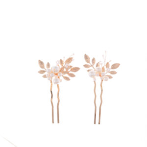 Vintage Gold Foliage Pearl Hair Pin Pair, Bride & Bridesmaid Updo Pins