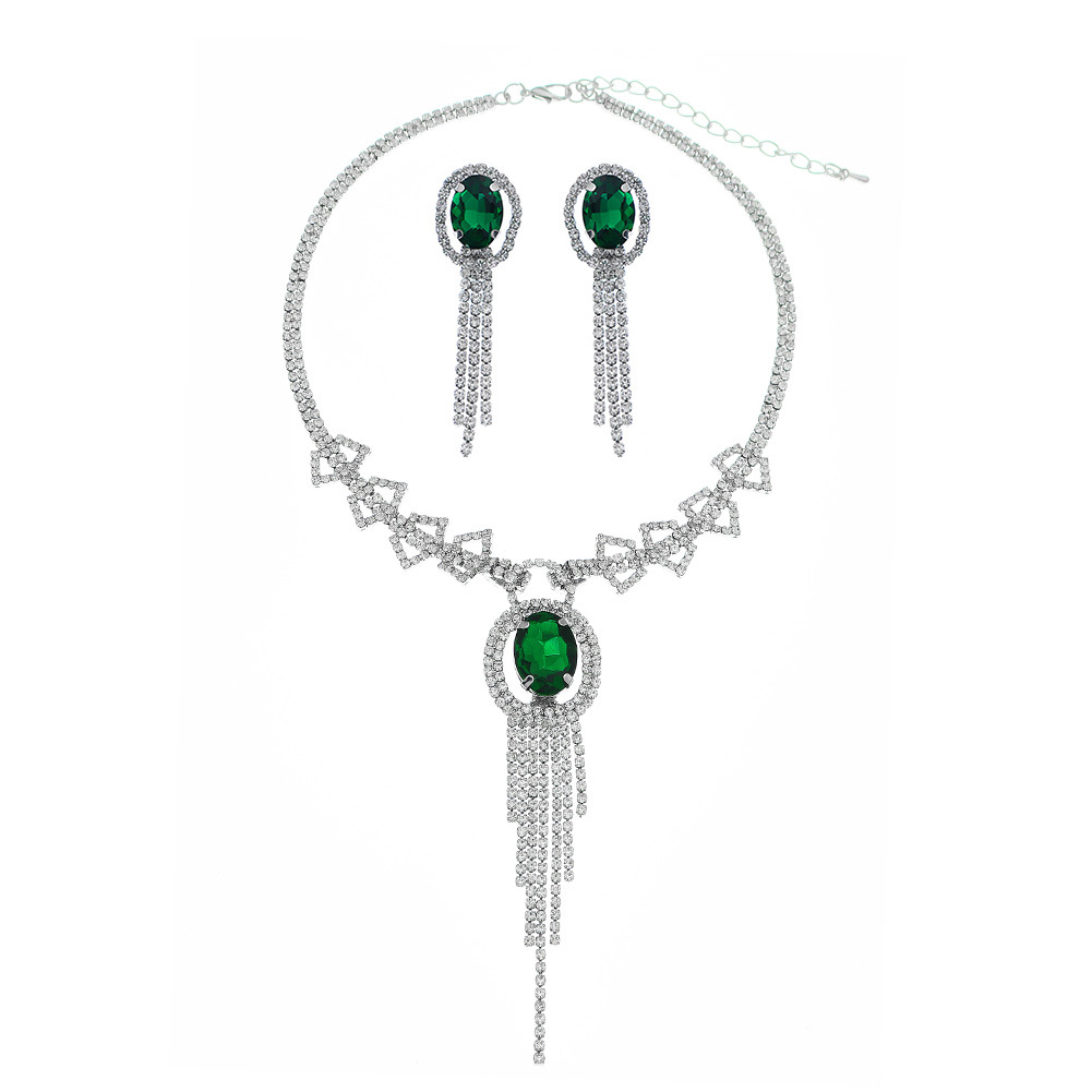 Large Green Stone Drop Necklace & Linear Earrings, Sparkly Evening Dress Jewelry Set - Image 5
