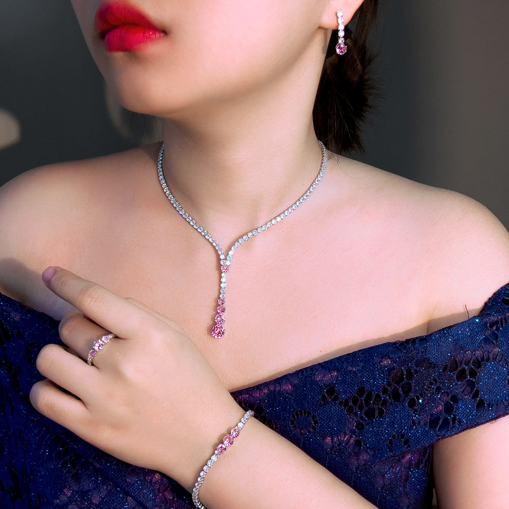 4pcs Glittering Cubic Zircon White Pink Necklace Earrings Bracelet and Ring Wedding Bridal Jewelry Set for Women Party Accessory - Image 5