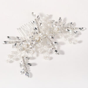 Crystal Floral Hair Comb, Silver Metal Flower Side Comb with Pearls