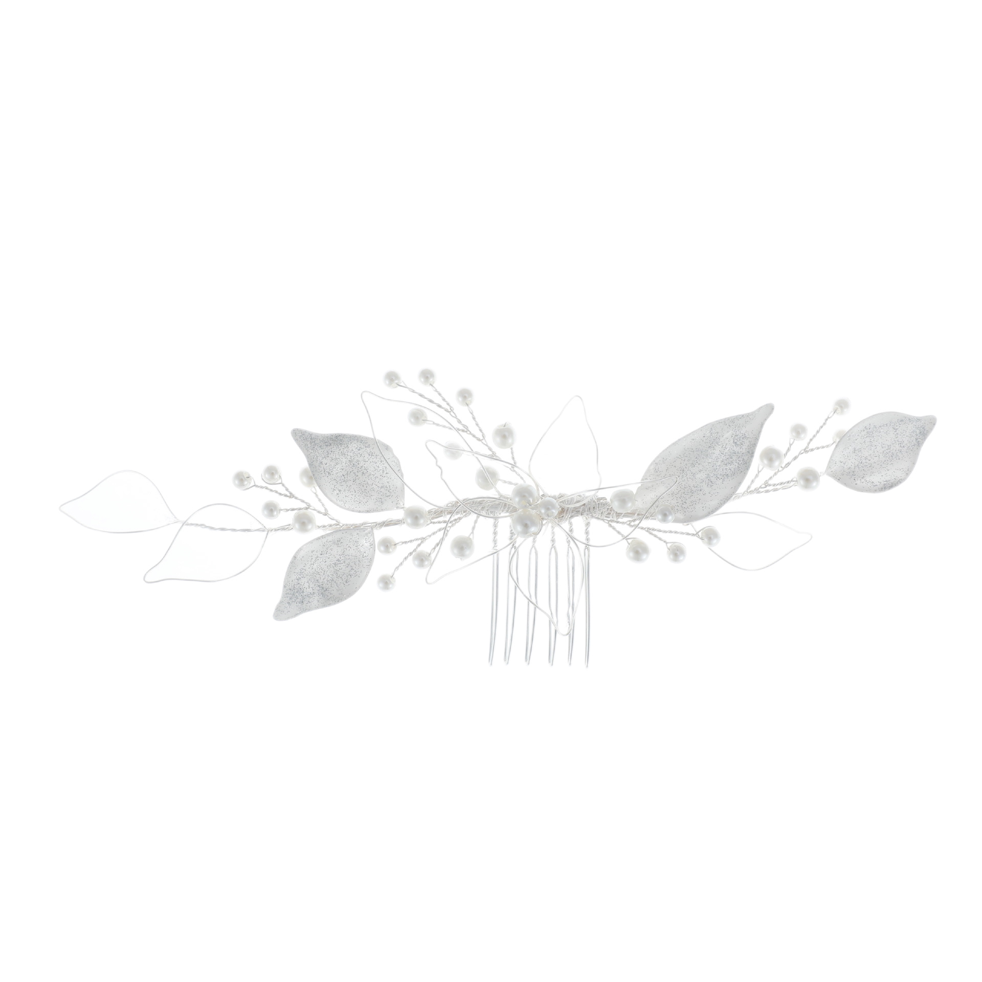Elegant Floral Leaf Hair Comb, Sparkling Pearl Butterfly Bridal Headpiece - Image 5