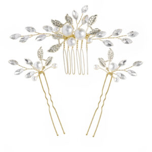 Elegant Crystal Leaf Hair Comb Set, Sparkling Pearl Bridal Headpiece