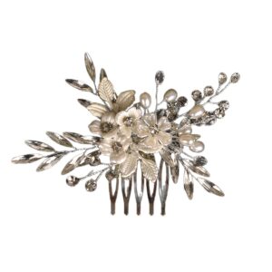 Elegant Botanical Flower Hair Comb, Metal Foliage Rhinestone Bride Side Hair Piece
