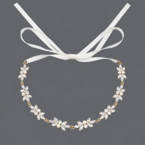 Bridal Pearl Crystal Hair Band, Marquise Rhinestone Flower Headpiece with White Ribbon