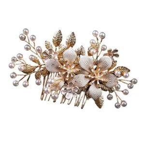 Gold Pearl Floral Hair Comb | Bridal Metal Flower Side Comb