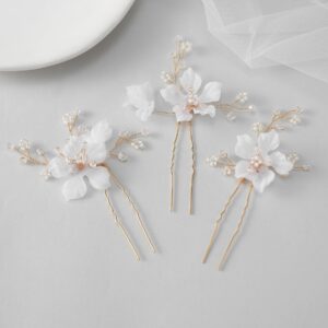 SWEETV 3Pcs Bridal Hair Pins White Flower Bride Hair Pieces Wedding Hair Side Combs Floral Headpieces Accessories Fall Beach Clip for Brides Bridesmaids Women Girls